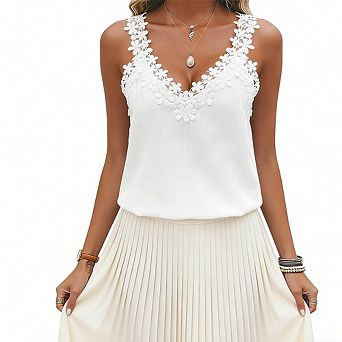 Women Sleeveless Floral Lace V Neck Cami Blouse Casual Loose Tank Top Camisole Top
