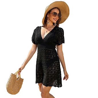 Seoria V Neck Short Sleeve Openwork Knit Mini Sundress