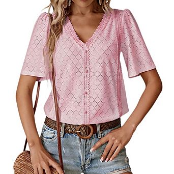 Womens Short Sleeve Shirts Causal V Neck Hollow Out Breathable T-Shirts Tops