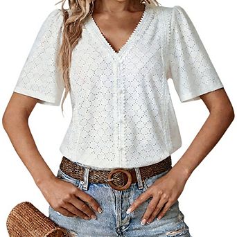 Womens Short Sleeve Shirts Causal V Neck Hollow Out Breathable T-Shirts Tops