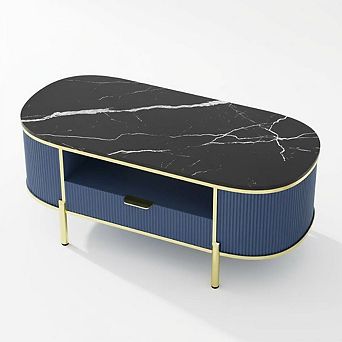 48" Oval Fluted Coffee Table with Storage Organizer, Center Table with Faux Marble Top