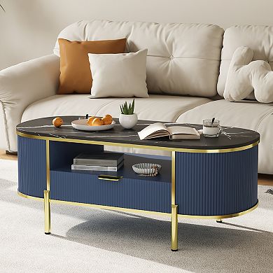 48" Oval Fluted Coffee Table with Storage Organizer, Center Table with Faux Marble Top