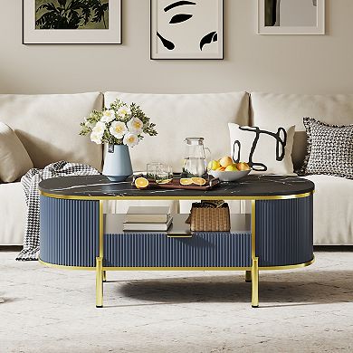 48" Oval Fluted Coffee Table with Storage Organizer, Center Table with Faux Marble Top