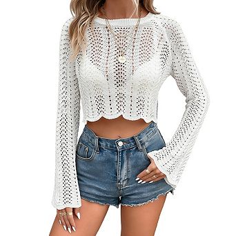 Women's Long Flare Sleeve Crochet Blouse Round Neck Scalloped Sheer Open Knit Tops