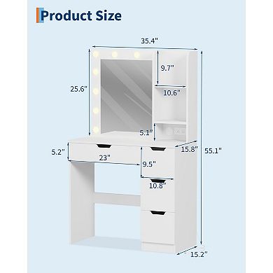 Makeup Vanity with Lights and Power Outlet, 3-Color Lighting Desk with Mirror and 4 Drawers