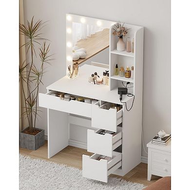Makeup Vanity with Lights and Power Outlet, 3-Color Lighting Desk with Mirror and 4 Drawers
