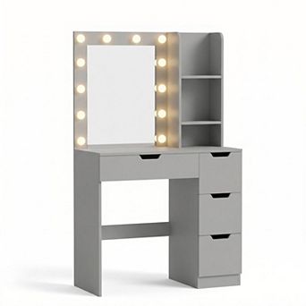 Makeup Vanity with Lights and Power Outlet, 3-Color Lighting Desk with Mirror and 4 Drawers