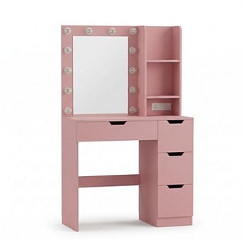 Makeup Vanity with Lights and Power Outlet, 3-Color Lighting Desk with Mirror and 4 Drawers