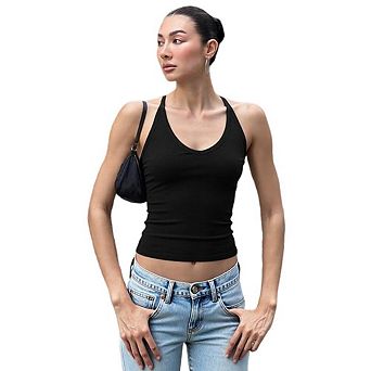 Women's Halter Neck Slim Fit Ribbed Tank Top Fitted Layering Camisole
