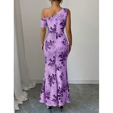 One Shoulder Floral Print Ruched Waist Mermaid Maxi Dress