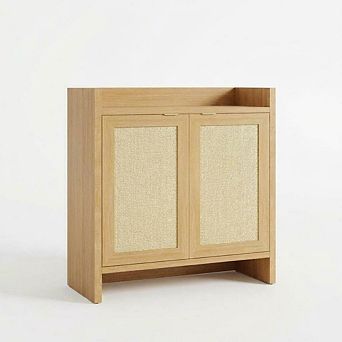 Rattan Shoe Cabinet with Doors, 41" Wooden Storage Rack with Adjustable Shelves and Doors