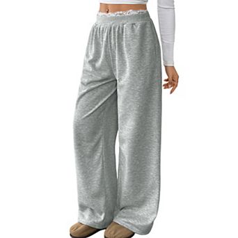 Women's Lace Patchwork Straight Leg Sweatpants Drawstring Workout Lounge Pants with Pockets
