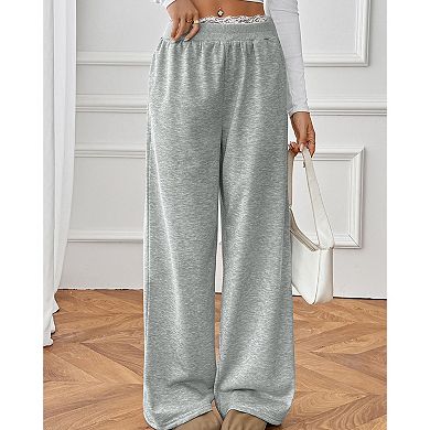 Women's Lace Patchwork Straight Leg Sweatpants Drawstring Workout Lounge Pants with Pockets