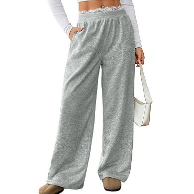 Women's Lace Patchwork Straight Leg Sweatpants Drawstring Workout Lounge Pants with Pockets