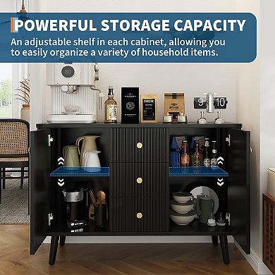 47.2" w Fluted Buffet Cabinet with 3 Drawers, Storage Cabinet, Modern TV Stand Coffee Bar Cabinets