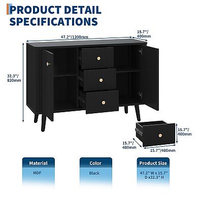 47.2" w Fluted Buffet Cabinet with 3 Drawers, Storage Cabinet, Modern TV Stand Coffee Bar Cabinets