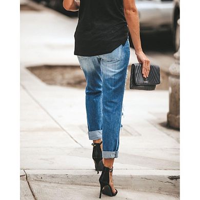 Women's Distressed Straight Leg Denim Jeans Streetwear Style