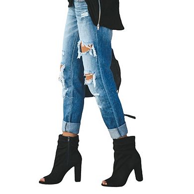 Women's Distressed Straight Leg Denim Jeans Streetwear Style