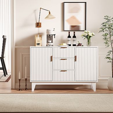 Fluted Sideboard Buffet Cabinet with Storage, Kitchen Storage Cabinet, Wood Coffee Bar Buffet Table