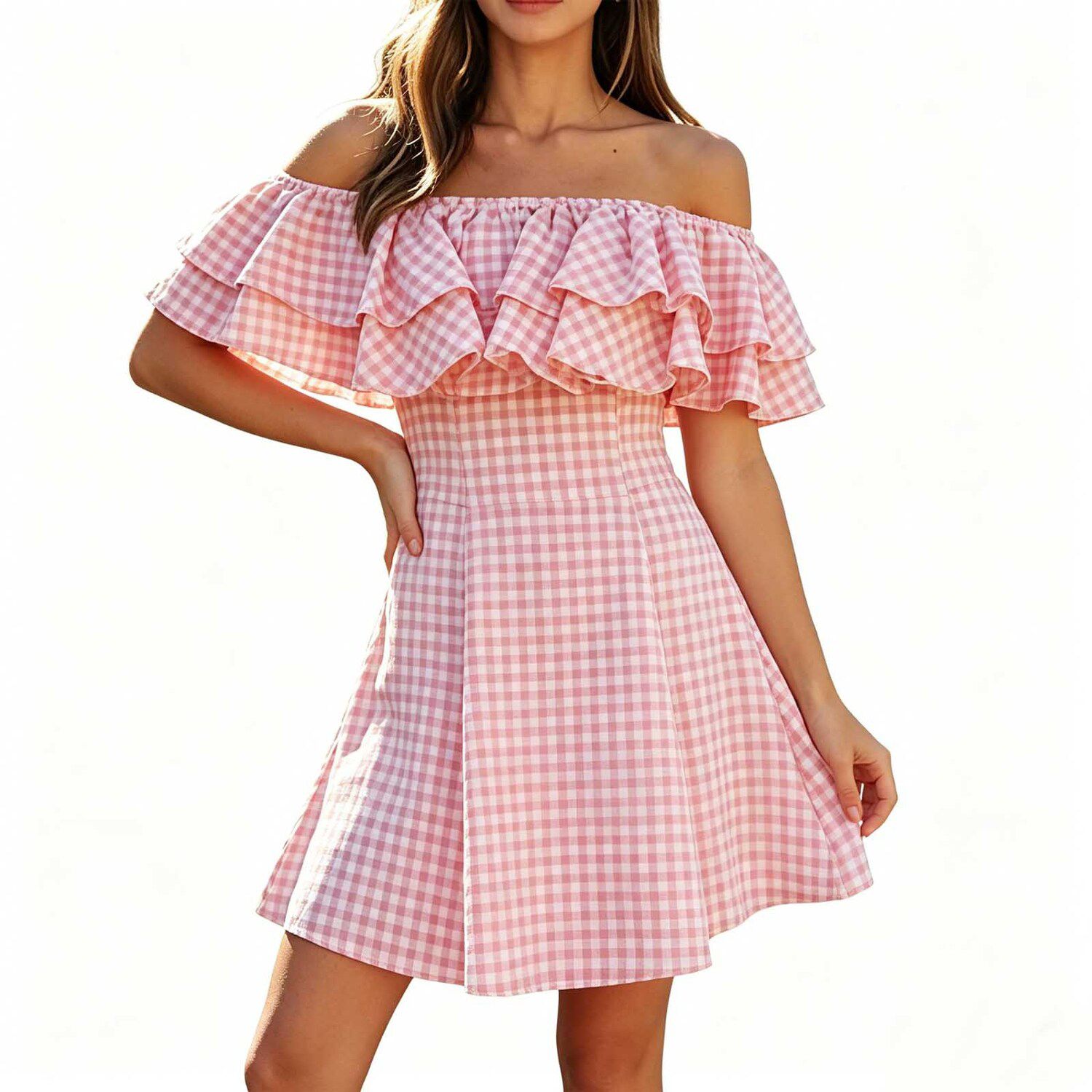 Женские платья Checkered Off Shoulder Dress, Ruffle Neck Casual Mini Dress for Everyday