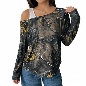 Women's Long Sleeve Asymmetric Neck Top, Nature Print Pocket Casual T-Shirt