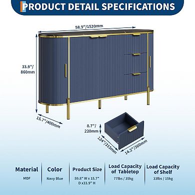 Sideboard Buffet Storage Cabinet, 60in Fluted Cupboard Coffee Bar TV Console Cabinet