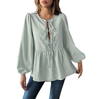 Women's Long Sleeve Striped Shirt Tie Front Peplum Puffy Sleeve Blouse