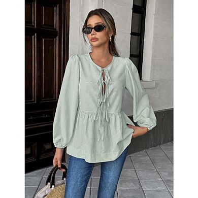 Women's Long Sleeve Striped Shirt Tie Front Peplum Puffy Sleeve Blouse