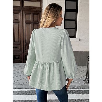 Women's Long Sleeve Striped Shirt Tie Front Peplum Puffy Sleeve Blouse