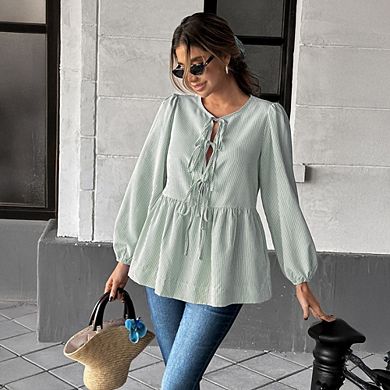 Women's Long Sleeve Striped Shirt Tie Front Peplum Puffy Sleeve Blouse