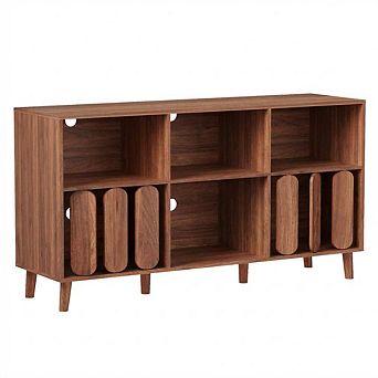 55-Inch Wood Record Player Stand with Charging Station, Vinyl Record Storage Cabinet, Media Console