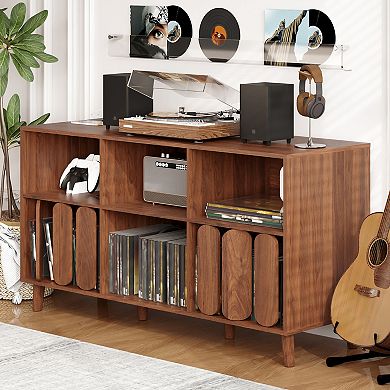 55-Inch Wood Record Player Stand with Charging Station, Vinyl Record Storage Cabinet, Media Console