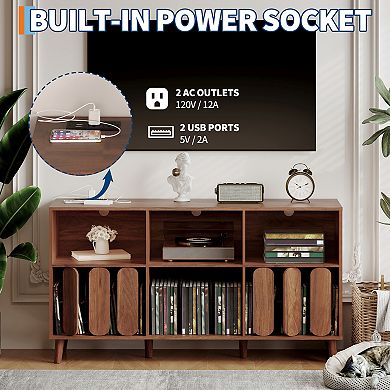 55-Inch Wood Record Player Stand with Charging Station, Vinyl Record Storage Cabinet, Media Console