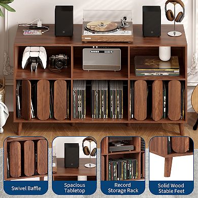 55-Inch Wood Record Player Stand with Charging Station, Vinyl Record Storage Cabinet, Media Console