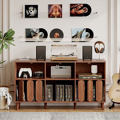 55-Inch Wood Record Player Stand with Charging Station, Vinyl Record Storage Cabinet, Media Console