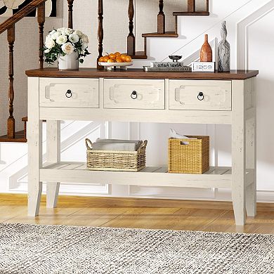 47" Farmhouse Console Table, Narrow Rustic Entryway Table with 3 Drawer and Large Storage Shelf