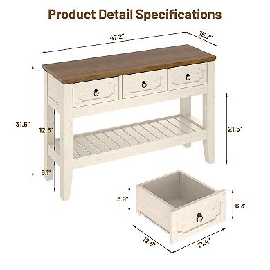 47" Farmhouse Console Table, Narrow Rustic Entryway Table with 3 Drawer and Large Storage Shelf