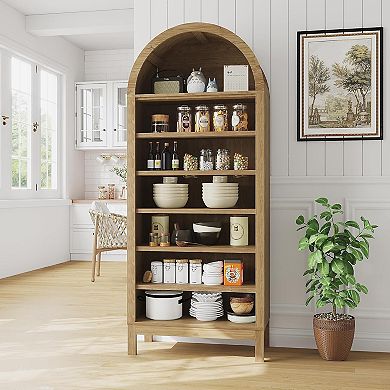 71" Tall Farmhouse Arched Display Cabinet, 7 Tier Arched Storage Cabinet Bookshelf Bookcase