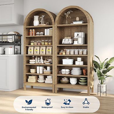 71" Tall Farmhouse Arched Display Cabinet, 7 Tier Arched Storage Cabinet Bookshelf Bookcase