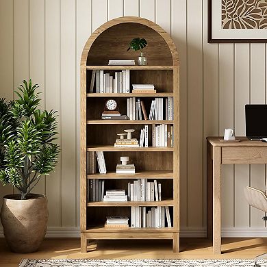 71" Tall Farmhouse Arched Display Cabinet, 7 Tier Arched Storage Cabinet Bookshelf Bookcase