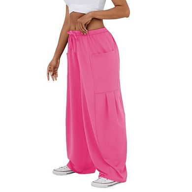Women's Drawstring Elastic Waist Casual Harem Palazzo Trousers with Pockets Harem Pants
