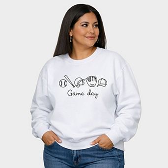 Embroidered Baseball Game Day Icons - Women's Plus Sized Graphic Sweatshirt