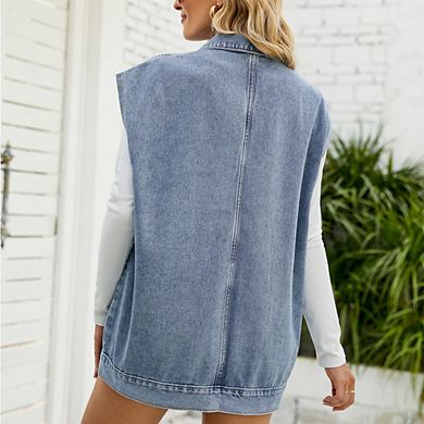 Women's Denim Vest Mid Long Jean Vest Sleeveless Button Down Vest Shacket Jacket