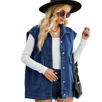 Women's Denim Vest Mid Long Jean Vest Sleeveless Button Down Vest Shacket Jacket