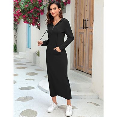 Women's Long Sleeve Side Split Pullover Hoodie Zipper Maxi Dresses Solid Color Casual with Pocket