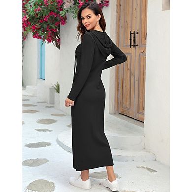 Women's Long Sleeve Side Split Pullover Hoodie Zipper Maxi Dresses Solid Color Casual with Pocket
