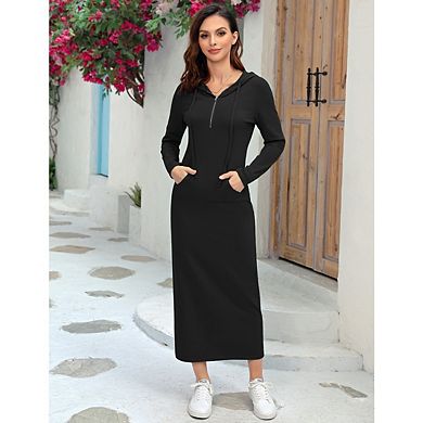 Women's Long Sleeve Side Split Pullover Hoodie Zipper Maxi Dresses Solid Color Casual with Pocket