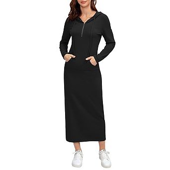 Women's Long Sleeve Side Split Pullover Hoodie Zipper Maxi Dresses Solid Color Casual with Pocket