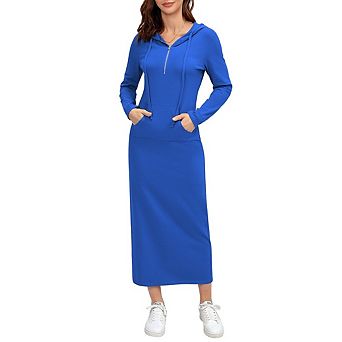 Women's Long Sleeve Side Split Pullover Hoodie Zipper Maxi Dresses Solid Color Casual with Pocket