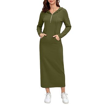 Women's Long Sleeve Side Split Pullover Hoodie Zipper Maxi Dresses Solid Color Casual with Pocket